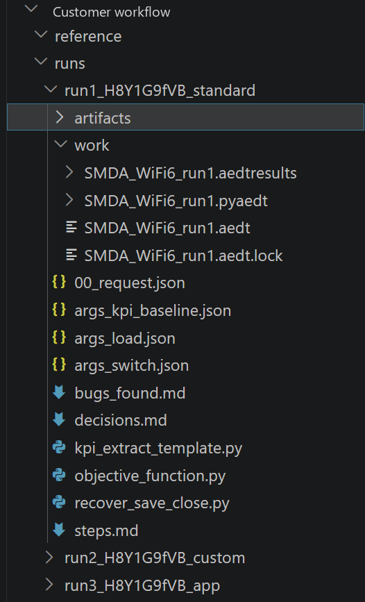 Single run file tree: request, decision log, argument files, and the working HFSS project